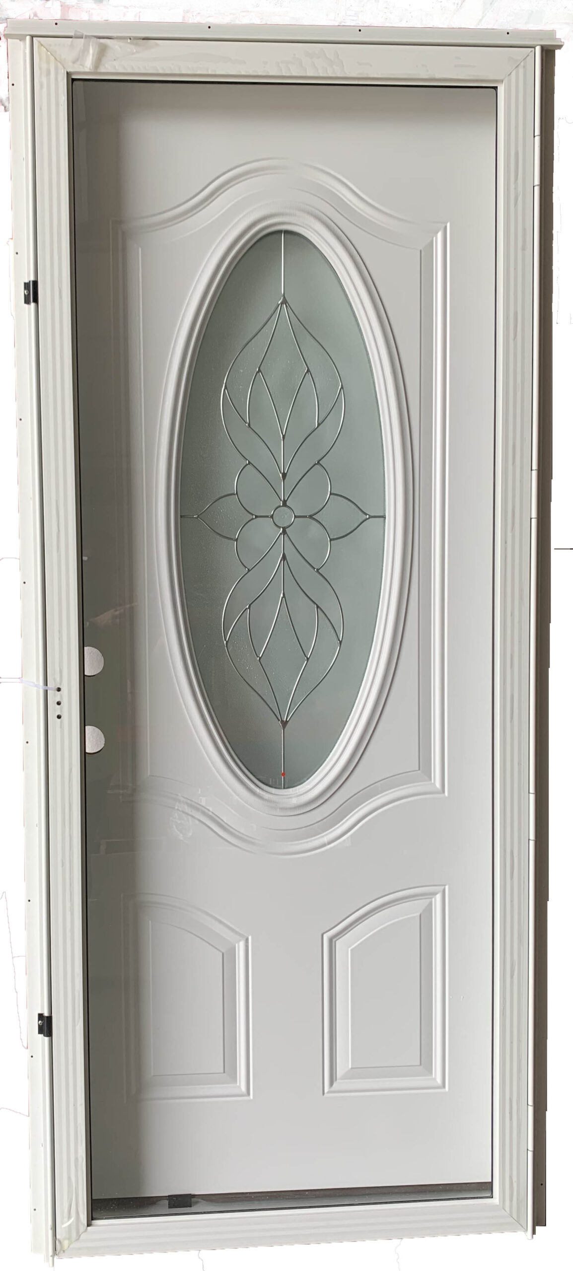 Six Panel Steel Combination Door With 3/4 Oval Window And Full View Storm Door