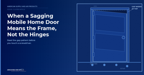 Diagram of a mobile home door sagging in its frame with a wedge gap widest at the top latch corner a dashed level reference line hinges marked on the left side and foundation piers below with one settled lower