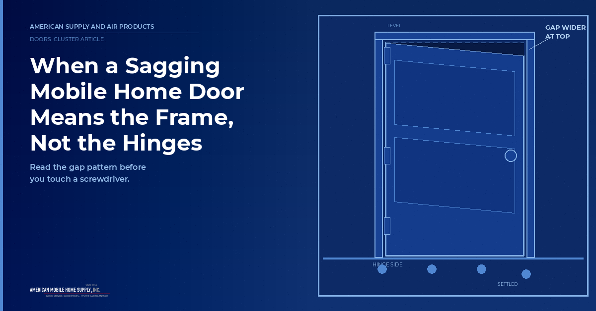 Diagram of a mobile home door sagging in its frame with a wedge gap widest at the top latch corner a dashed level reference line hinges marked on the left side and foundation piers below with one settled lower