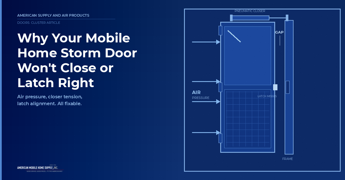Diagram of a mobile home storm door hanging ajar with a gap callout to its frame air pressure arrows pushing from inside a pneumatic closer along the top and the latch missing the strike plate