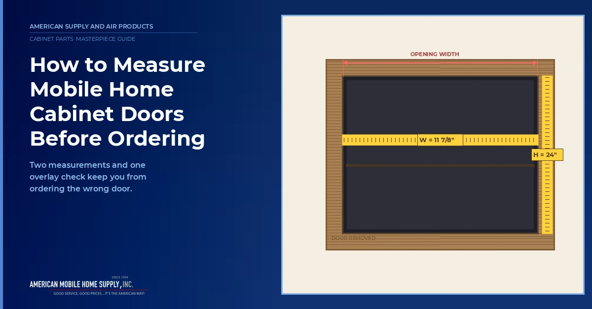 Mobile home cabinet frame with the door removed showing a horizontal tape measure across the opening width reading 11 and 7/8 inches and a vertical tape along the opening height reading 24 inches